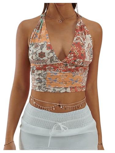 Milumia Women's Boho Paisley Print Tie Backless Halter Top Sleeveless Cropped Tops