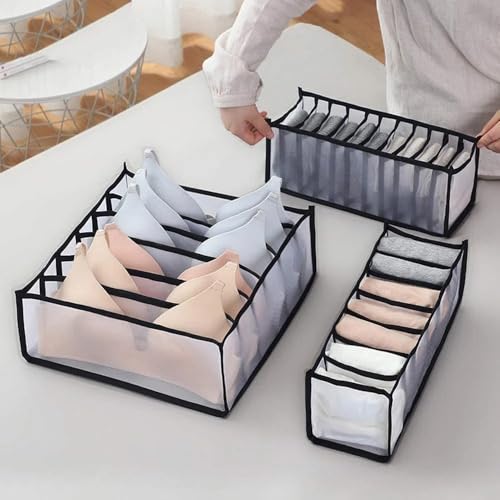 Image of atorakushon Fabric 6 Cell Bra Compartment Wardrobe Organizer /Closet Storage Box for Underwear /Socks /Ties /Scarves /Bras /Lingerie /Almirah Storage Solution Foldable Drawer Organizers (Set of 3 Black)