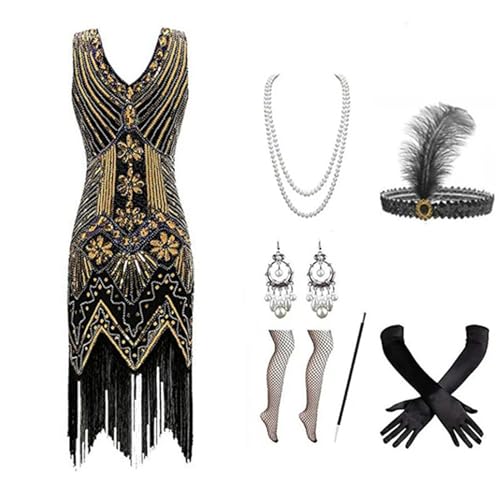 Gammify 1920er Jahre Damen Abendkleid V-Ausschnitt Pailletten Perlen Fransen Kleid mit 20s Zubehör Set