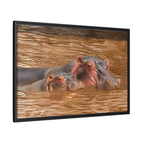 Cadre hippopotame marron décoration murale grand format 90x60 cm