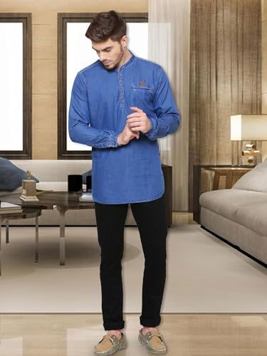 Image of Kuons Avenue Men's Denim Casual Short Kurta | Mandarin Collar | Full Sleeves | Tailored Fit- Stylish Ethnic Wear