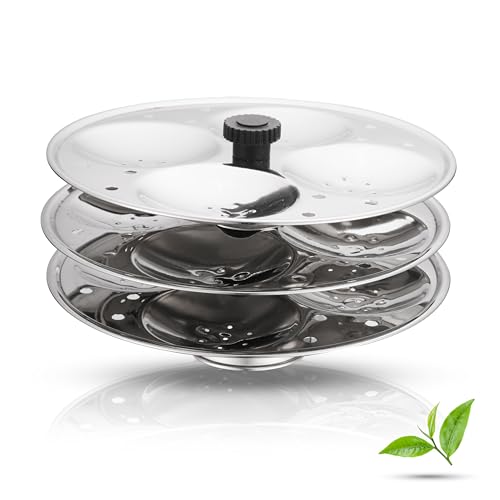 Image of Jensons Premium Stainless Steel 3 Idli Plates - 12 Idlis /Idli Stand for 3 Litre and bigger Pressure Cooker /Fluffy Idli maker plate only /Deep Thate Idli plate - Small