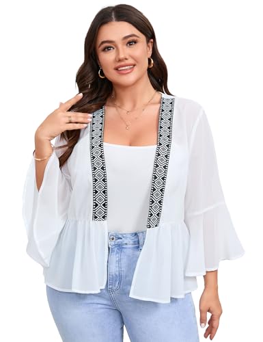 BLUEMING Women's Plus Size Lightweight Chiffon Cardigan Open Front Cover Up Long Sleeve Ruffles Summer Top Casual Beachwear