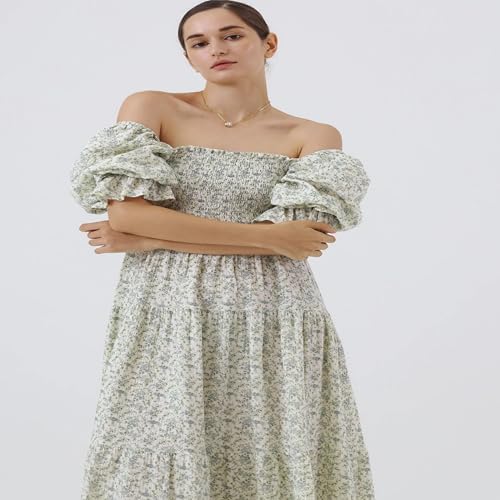 Image of NOTHING FITS BUT Kiko Maternity Gown, Puffed Short Sleeve Maternity Dress for Women, Off Shoulder Pregnancy Dresses, Cotton Baby Shower Dress (Blue Poppy, Large)