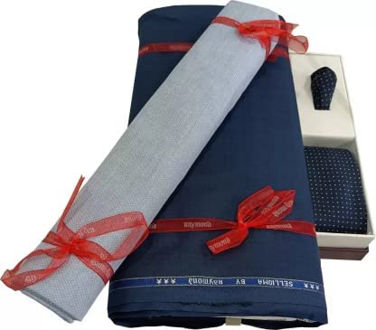 Image of Raymond Men's Unstitched 3.25 Meters Suiting Length Set with Tie, Pocket Square and Shirt Piece (All Weather Fabric,Attractive Box)
