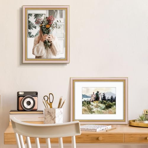Image of Golden State Art,11x14 Ornate Picture Frame Holds 8x10 Photo,Purple Gold | Includes real glass front,white mat,build-in hangers and buttons.Displays 8x10 photo on wall