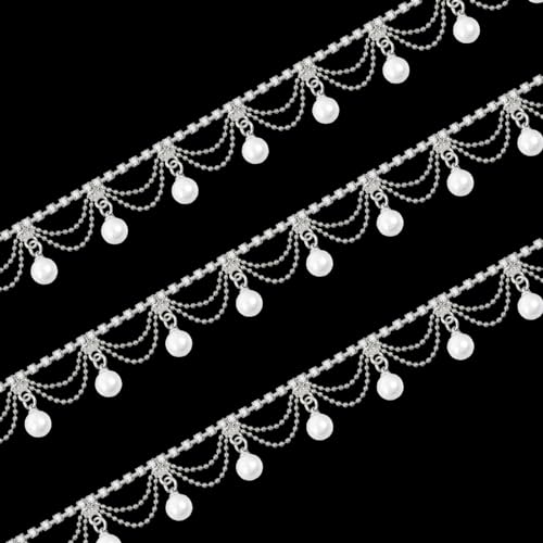 GLOBLELAND 1 Yard Pearl Tassel Rhinestone Fringe Trim Rhinestone Pearl Tassel Chain Diamond Crystal Tassel Fringe Trim for Sewing Crafts Wedding Dress Clothing Accessories DIY Decoration Silver
