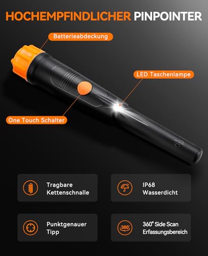 Metalldetektor Pinpointer - SUNPOW IP68 Komplett Wasserdicht 360° Suchen Metallsuchgerät mit Gürtel Holster, Summton Vibration Klang (DREI Modi), 9V Batterie & Samtbeutel Inklusive 2