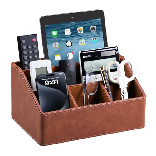 MEIBOOCH PU Leather Desk Organizer, Luxury Remote Control Holder for Home, Office Desk Accessories Table Caddy Bedside Nightstand Organizer (Brown)