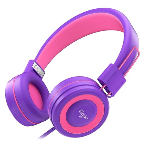 ELECDER i37 Kids Headphones for School Travel, Wired Headset with Foldable Corded Stereo Sound 3.5mm Jack On Ear Headphones for Kid Children Teens Boys Girls Smartphones Computer Kindle Tablet, Purple