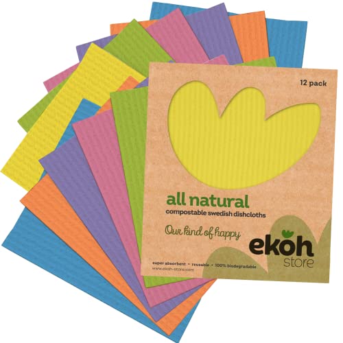Image of Swedish Dish Cloths Compostable Sponge Cloth 12 Pack | Solid Assorted Happy Colours | Reusable Cleaning Hand Towel Bulk Buy | for Kitchen, Counters & Washing Dishes | Eco-Friendly Cellulose Cotton