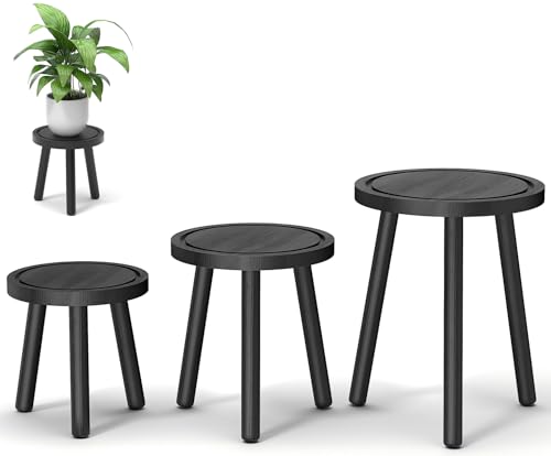 Vecxoty 3-Pack Wood Plant Stands Indoor, Single Plant Stand for 6-12 Inch Pots, Mid-Century Modern Plant Stool, Tall Plant Stand for Large Plants for Living Room, Balcony, Office (Black)
