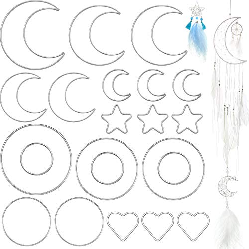 Syhood 22 Pièces Anneaux d’Attrape-Rêves Cerceaux en Macramé en Métal Anneaux en Macramé en Forme Ronde Étoile Lune Cœur pour DIY Artisanat Fabrication de Capteur de Rêves Décoration (Argent) Cover