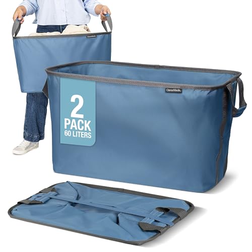 Image of CleverMade Collapsible Laundry Basket 2 Pack - 60L (16 Gal) Foldable Clothes Hamper with Reinforced Handles, Space Saving Fabric Laundry Bin, Holds 55 lbs, Flat Folding for Dorm, Apartment & RV - Denim