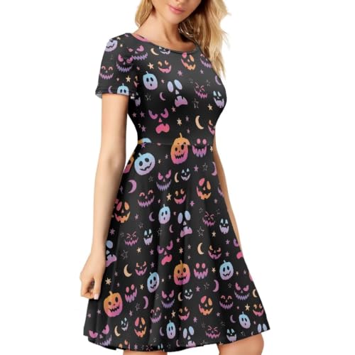 Image of HUGS IDEA Womens Puffy Swing Midi Dress Round Neck Short Sleeve Party A-Line Dresses
