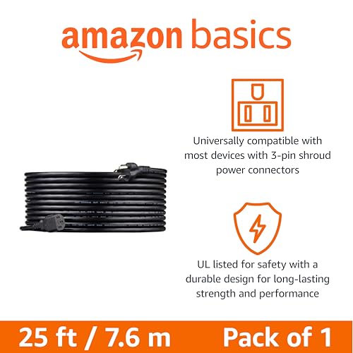 Image of Amazon Basics PC Power Cord, 25 feet, AC Power Cord for Monitor, Computer, TV, 3 Prong, 18 AWG, 125 Volts, Black