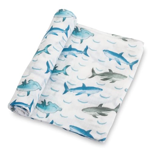 Image of LollyBanks Baby Blanket for Boys, 100% Cotton Muslin Swaddle Blankets, 47 x 47 Inches Soft and Breathable Receiving Blankets, Cozy Newborn Swaddle, Baby Essentials, Registry (Shark Print)