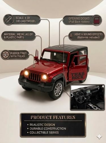 Image of 1:32 Scale DieCast Metal Toy Car Pull Back Action Openable Doors 4x4 Thar /Jeep Premium Car Toy, with Light and Music, for Ages 3-10 Years (RED)