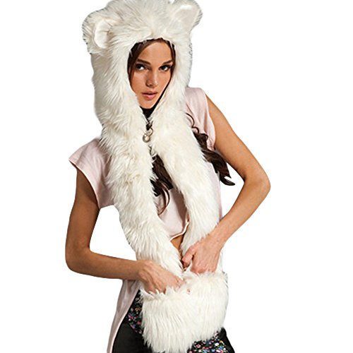 Julvie Faux Fur Full Animal Hood Hoodie Hat 3-in-1 Mittens Scarf Spirit Paws Ears