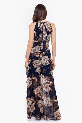 Image of Betsy & Adam Women's Elegant Long Chiffon Floral Dress with Ruffle Detail and Tie Neck