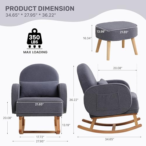 Image of Nursery Rocking Chair with Ottoman, Upholstered Glider Rocker with High Backrest and Side Pocket, Rocking Accent Armchair with Solid Wood Legs for Nursery, Living Room, Bedroom Dark Grey