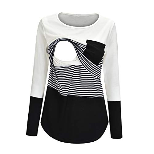 Camiseta de Lactancia Manga Larga Camisas Rayas Ropa Embarazadas Otoño Invierno Basica Tops Breastfeeding Blusa de Mujer Maternidad Negro L
