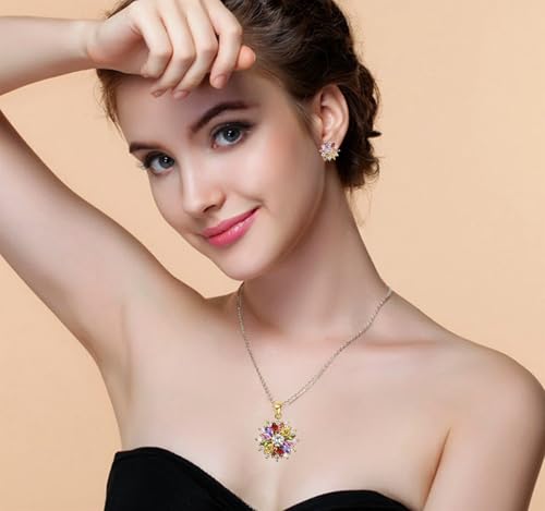 VONSSY Colorful Snowflake Pendant Necklace Earrings Rose Gold 5A Cubic Zirconia | Crystal Sweater Chain | Multi Gemstone Garnet Amethyst Morganite Peridot Prom Rhinestone Necklaces for Women Vintage Stylish Gift3