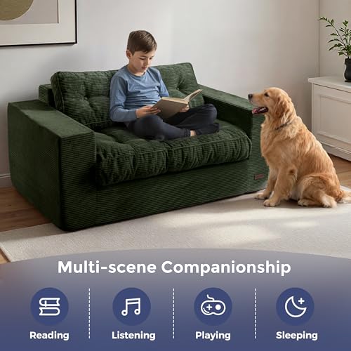 Image of MAXYOYO Loveseat Sofa Couch, Upholstered Bean Bag Chair Cloud Seat for Adults, Boneless Couch with Cushion & Pillows, Sofa in A Box, No Assembly Required, Corded Dark Green, 2-Seat