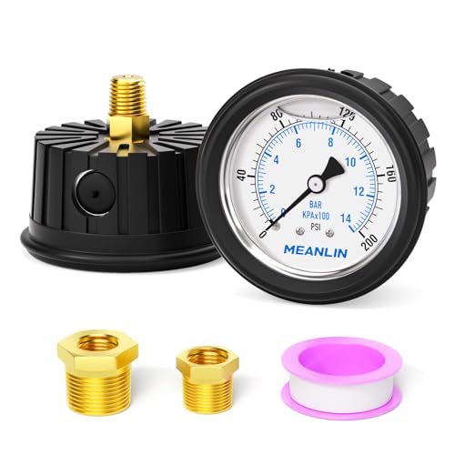 Image of MEANLIN MEASURE 0~200Psi Stainless Steel 1 /4 inch NPT 2.5 inch FACE DIAL,Liquid Filled Pressure Gauge, Center Back Mount (with Rubber Protective Sleeve), with 1 /2 inch NPT and 3 /8 inch NPT Hex Bushing