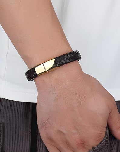 Deerllia Leather Bracelet for Men, Braided Cuff with Stainless Steel Clasp Stacked Multi Style Color Anniversary Father's Day Birthday Christmas Jewelry Gifts for Him, Gold Clasp Black Leather — view 2
