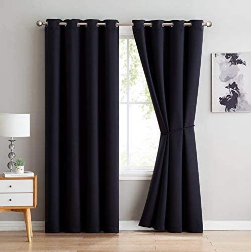 LINENZONE 1 Panel of Black Bedroom Curtains with Free Tie-Back. 54 Inches Wide, 84 Inches Long Black Out Curtains. Blackout Living Room Curtains, Home Office Curtains. (Nicole 54 x 84 Black)