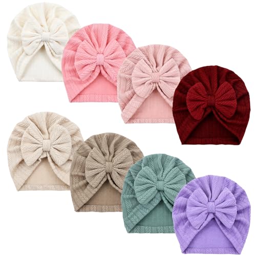 Image of Dizila 8 Pieces Baby Turban Hats with Big Bow Newborn Caps Beanies Bonnets Headwraps for Baby Girls Boys Infants Toddlers
