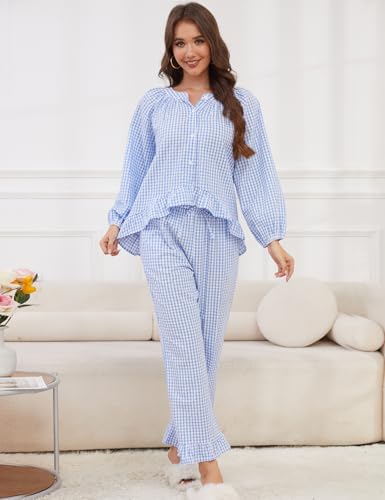 Womens Gingham Pajama Set 2 Piece Plaid Button Down Puff Long Sleeve Babydoll Shirt and Pants Y2K Pjs Lounge Set Fall Outfits3