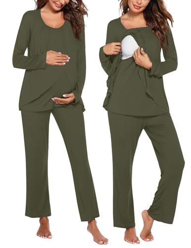 Image of Ekouaer Maternity Nursing Pajama Set Long Sleeve Top & Pants with Pockets Breastfeeding Sleepwear Double Layer Pregnancy