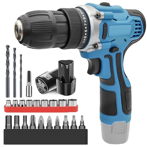 Akkuschrauber, 12V Akku Bohrschrauber Set mit 2 Akkus 3000mAh und 23Zubehöre, Werkzeugkoffer, Akkubohrer 45Nm Max Drehmoment, 25+1 Drehmomentstufen, 2-Gang, 10mm Bohrfutter, für Haus DIY