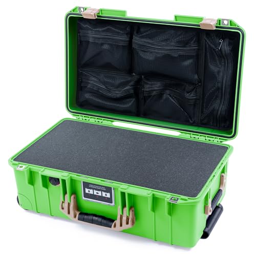 ColorCase Pelican Air 1535 Carry-on Case Lime Green - Medium Size Waterproof Case with Pick & Pluck Foam & Mesh Lid Organizer - Desert Tan Handles & Latches