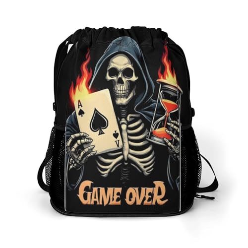 Women's Lightweight Pull String Sport Bag, Breathable Skeleton Skull Spades Ace Game over Drawstring Backpack for Travel Gym Beach Swim