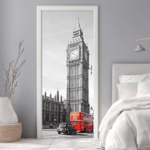 Pegatina de Puerta Londres Efecto 3D, Londres Puerta Pared Mural, PVC Impermeables Pegatinas Murales Puertas Interiores Autoadhesivas Extraíble Papel Pintado 77 x 200 cm w.730