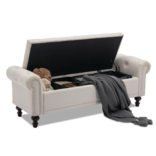 581-Storage-Bench-for-Bedroom-Linen-Upholstered-Beige 58.1" Storage Bench for Bedroom, Linen Upholstered, Beige - Image 1