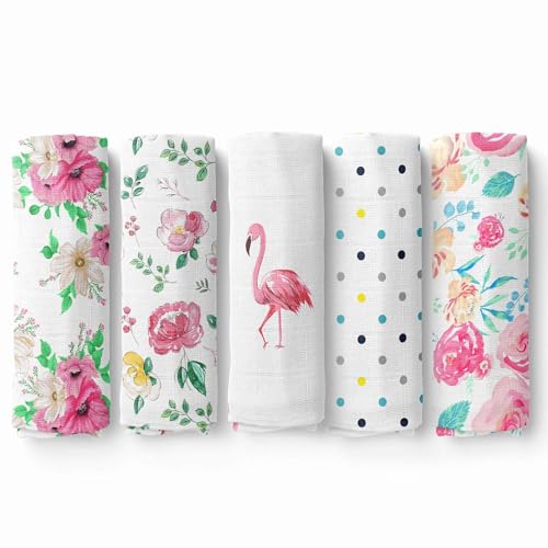 Image of haus & kinder Muslin Swaddle Blanket for Newborns, Pack of 5 Super Soft & Skin-Safe Cotton Baby Swaddle Blankets, for Boys & Girls (Floral Edition)