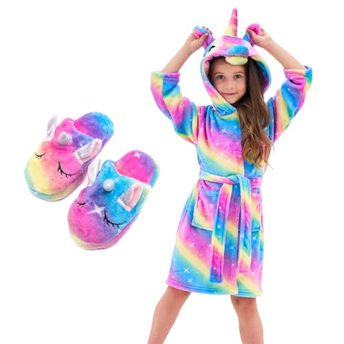 Piefry Unicorn Dressing Gown for Girls - Soft Hooded Robe Sleepwear With Slippers Gifts for Girls (Rainbow Stars 10-11 Years)