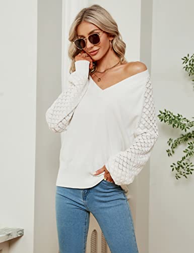 Bmjl Womens V Neck Sweaters Dressy Casual Winter Long Sleeve Tops Knit Puff Sleeve Pullover White #TOP4