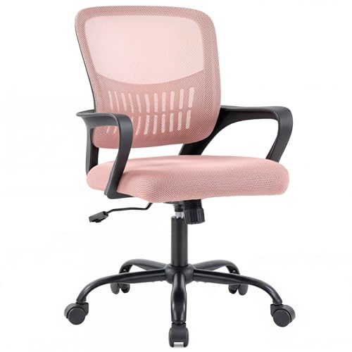 DUMOS Home Office Computer Chair - Ergonomic Mid Back Desk with Lumbar Support and Rocking Mode, Height Adjustable with Fixed Armrest, for Conference Meeting Room, 360° Swivel, Adults, Pink