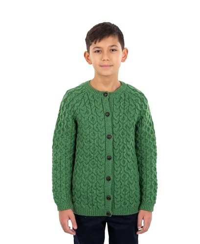 Image of SAOL Aran Cardigan for Kids: 100% Merino Wool, Crew Neck, and Button Front - Made in Ireland