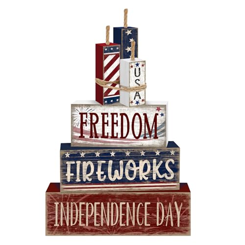 Britimes 4 Pcs Patriotic Tiered Tray Decor Set, 4th of July Table Sign Farmhouse Red White Blue Rustic Wooden Block Stack Sign for Home Fireplace Mantel (Independence Day Fireworks)