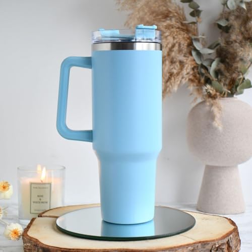 Image of Zephorus Personalized Stainless Steel Tumbler with Handle, 1200ml Capacity, Black Insulated Travel Mug with Straw, Custom Name Design (Blue)