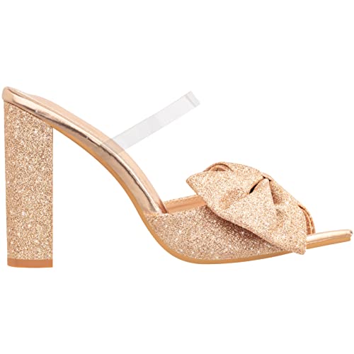 Illude Women’s Chunky Block Heel With Bow Clear Pointed Toe Heeled Sandal Slip On Mule - Rosa (6, Rose Gold Glitter) #TOP1
