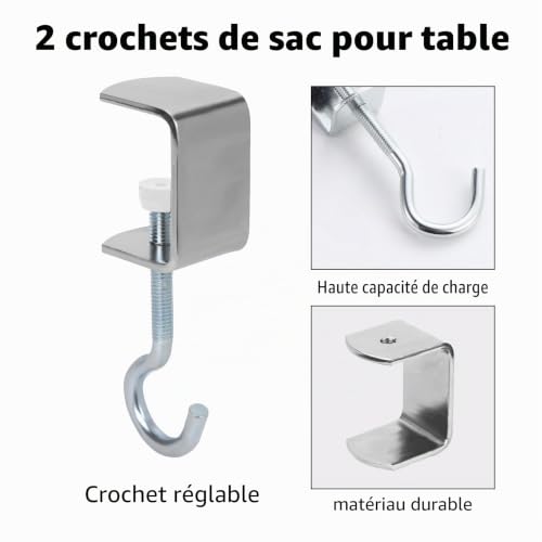 Yuiturt Lot de 2 supports pour bureau, école et chambre, adaptés pour sac à main et sac à dos, etc., avec crochets réglables en métal – vue 3
