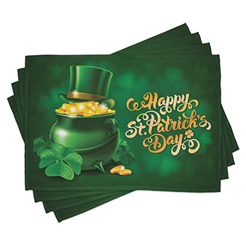 Ambesonne St. Patrick's Day Place Mats Set of 4, Large Pot of Gold Leprechaun Hat Shamrocks Greetings 17th March, Washable Fabric Placemats for Dining Table, Standard Size, Gold Emerald