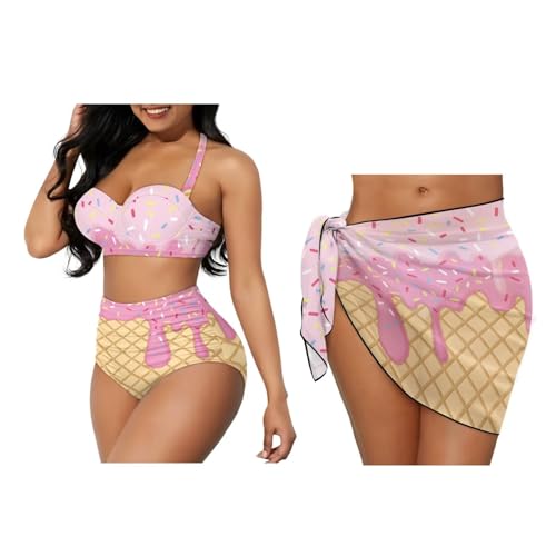 Women 3 Piece Bikini Sets High Waist Tummy Control Swimsuits with Short Cover Up Halter Bathing Suits S-XXL2